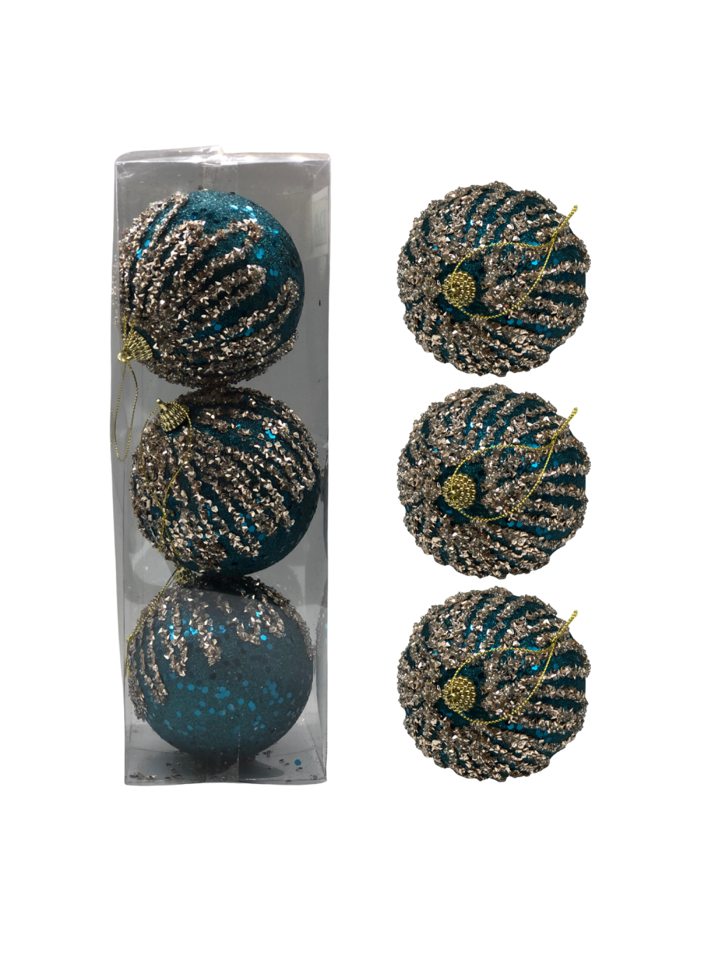 BOLA DECORADA C/GLITTER PVC C/3 UND 10CM AZUL CHAMPANHE 