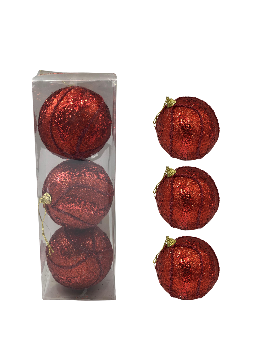 BOLA DECORADA NATAL C/GLITTER NO PVC C/3 UND 8CM VERMELHO 