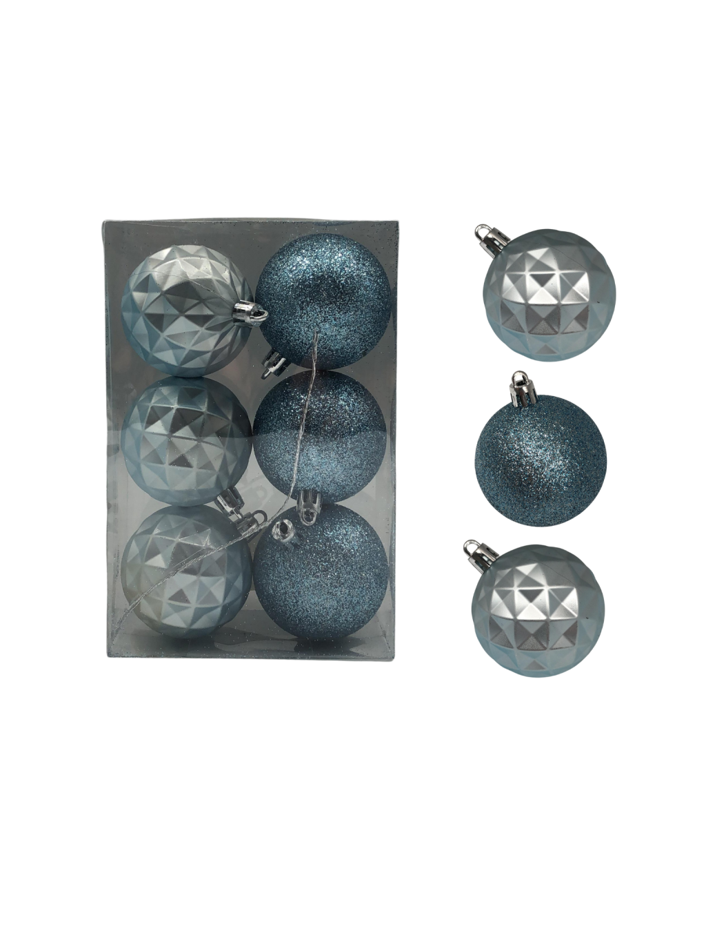 BOLA DECORADA NATAL NO PVC C/6 UND 6CM AZUL CLARO