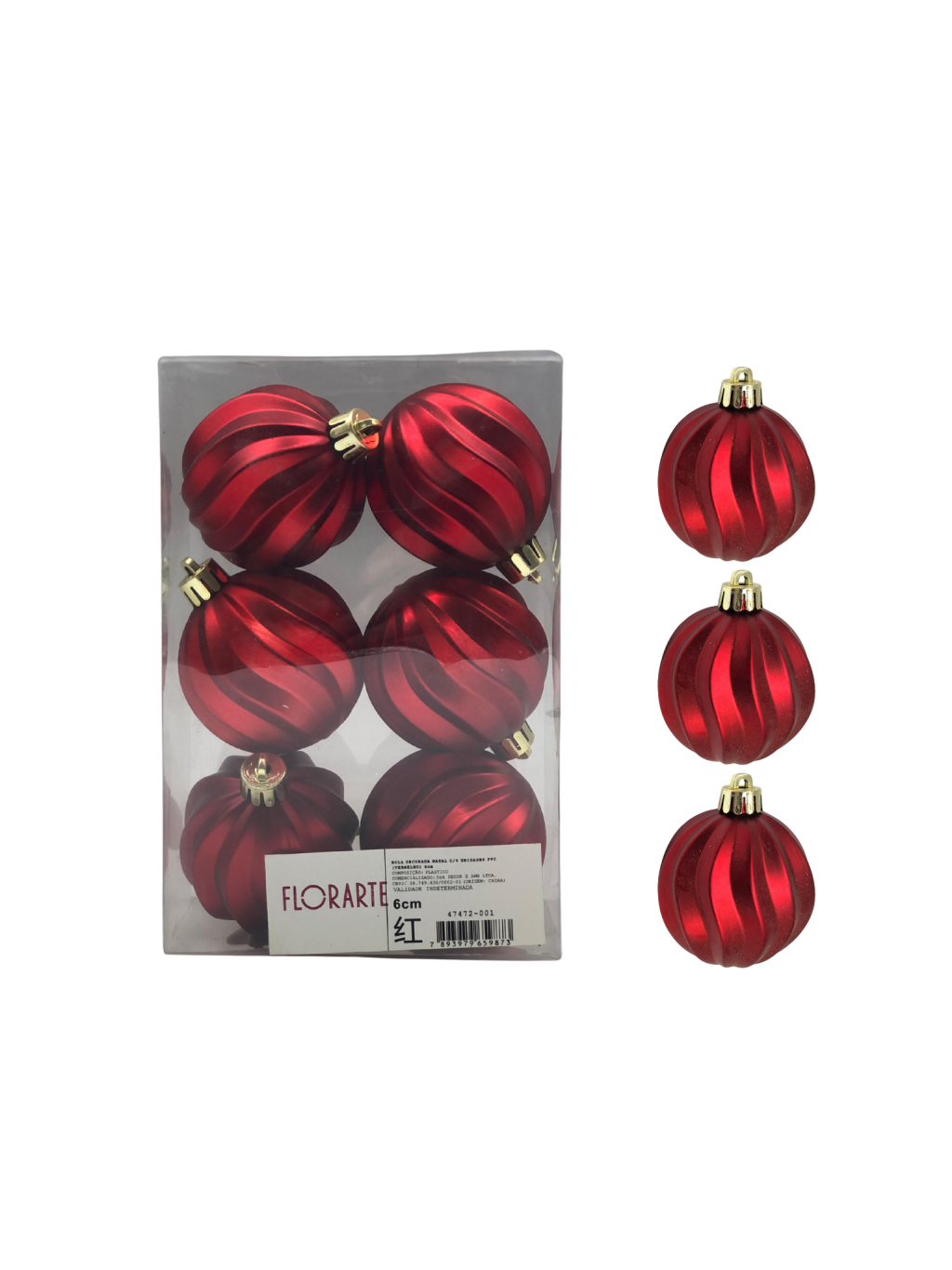 BOLA DECORADA NATAL C/6 UND PVC 6CM VERMELHO