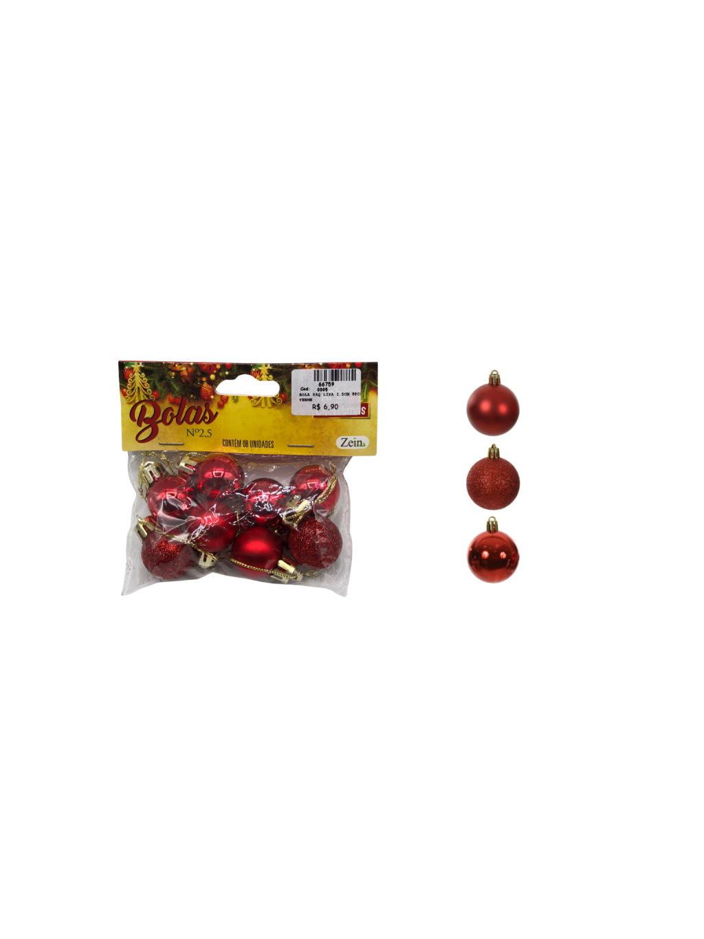 BOLA SAQ LISA 2,5CM C/8 UND VERMELHO