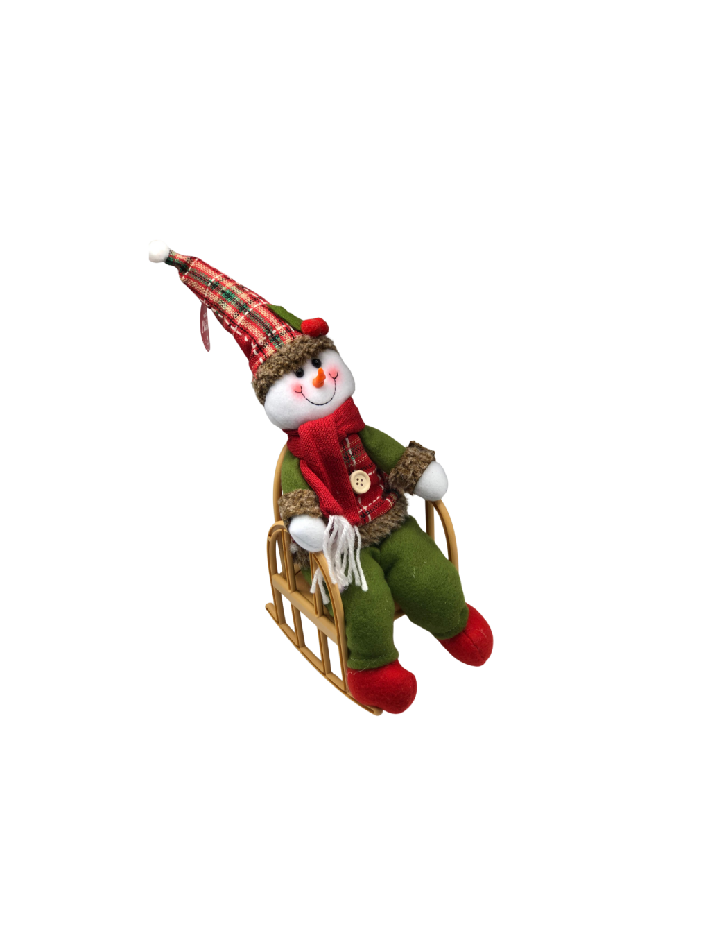 ENFEITE BONECO DE NEVE SENTADO NA CADEIRA DE BALANÇO 40X16CM