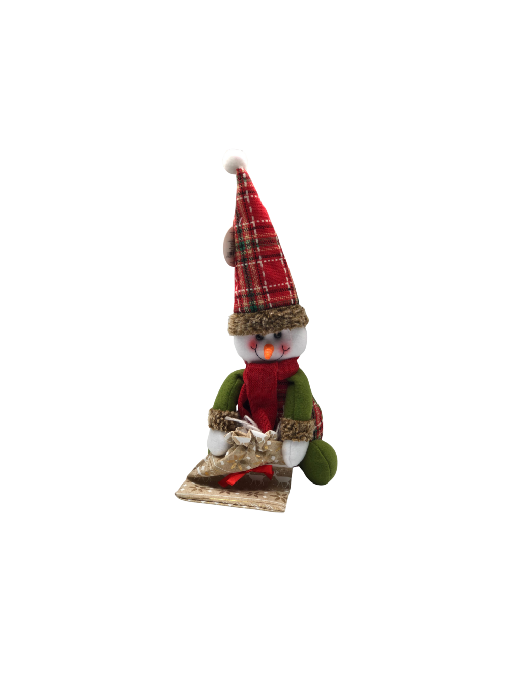 ENFEITE PAPAI NOEL BONECO DE NEVE SENTADO SACO DE PRESENTE 55X18