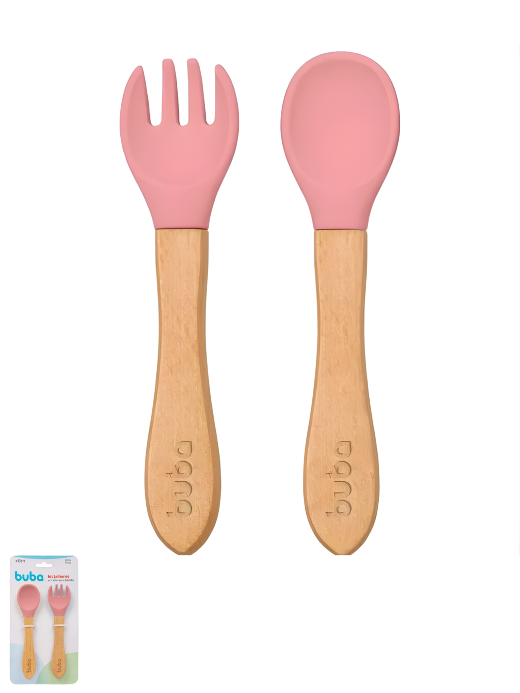 KIT TALHERES SILICONE E BAMBU ROSA BUBA 7908103758268 / REF 15826