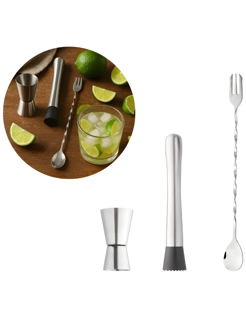 KIT CAIPIRINHA C/COLHER BAILARINA, DOSADOR DUPLO E MACERADOR EM INOX 7895730207781