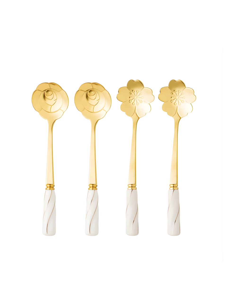 CONJUNTO C/4 COLHERES AÇO INOX P/CHÁ CABO CERAMICA FLOWERS DOURADO/BRANCO 7895730282849