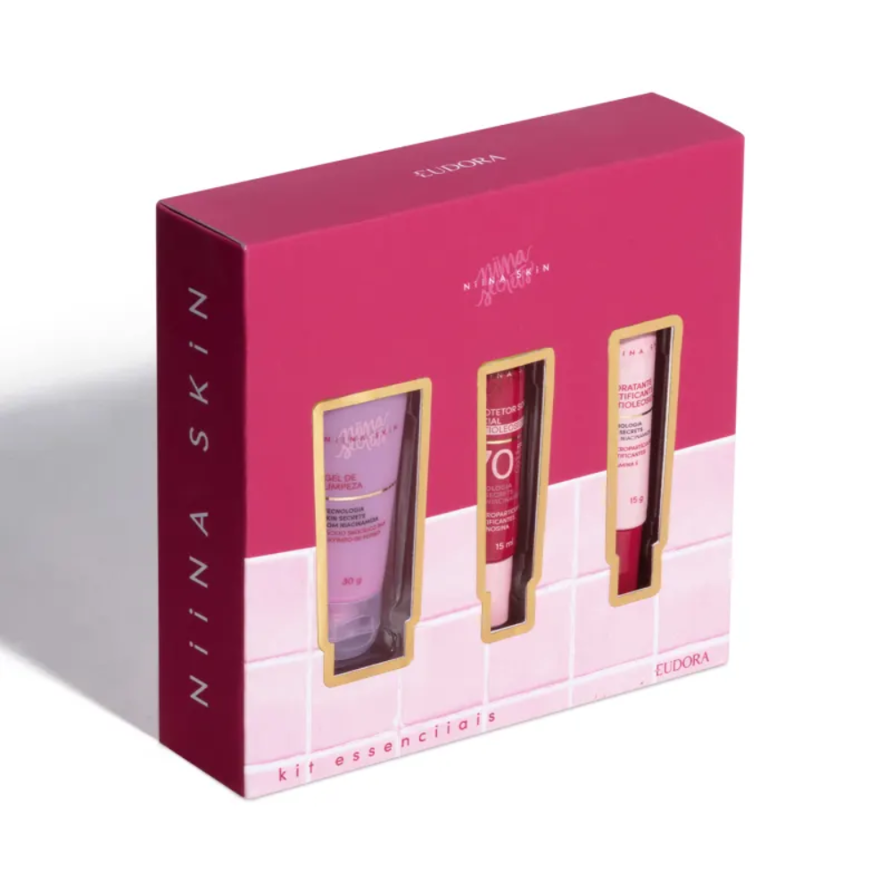 KIT ESSENCIIAIS NIINA SKIN - GEL DE LIMPEZA 30ML + HIDRATANTE MATIFICANTE 15G + PROTETOR SOLAR 15ML - ESTOJO NIINA SKIN ROTINA ESSENCIAL