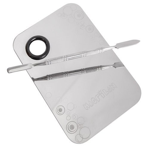 PLACA E ESPATULA EM AÇO INOX PARA MAQUIAGEM MACRILAN