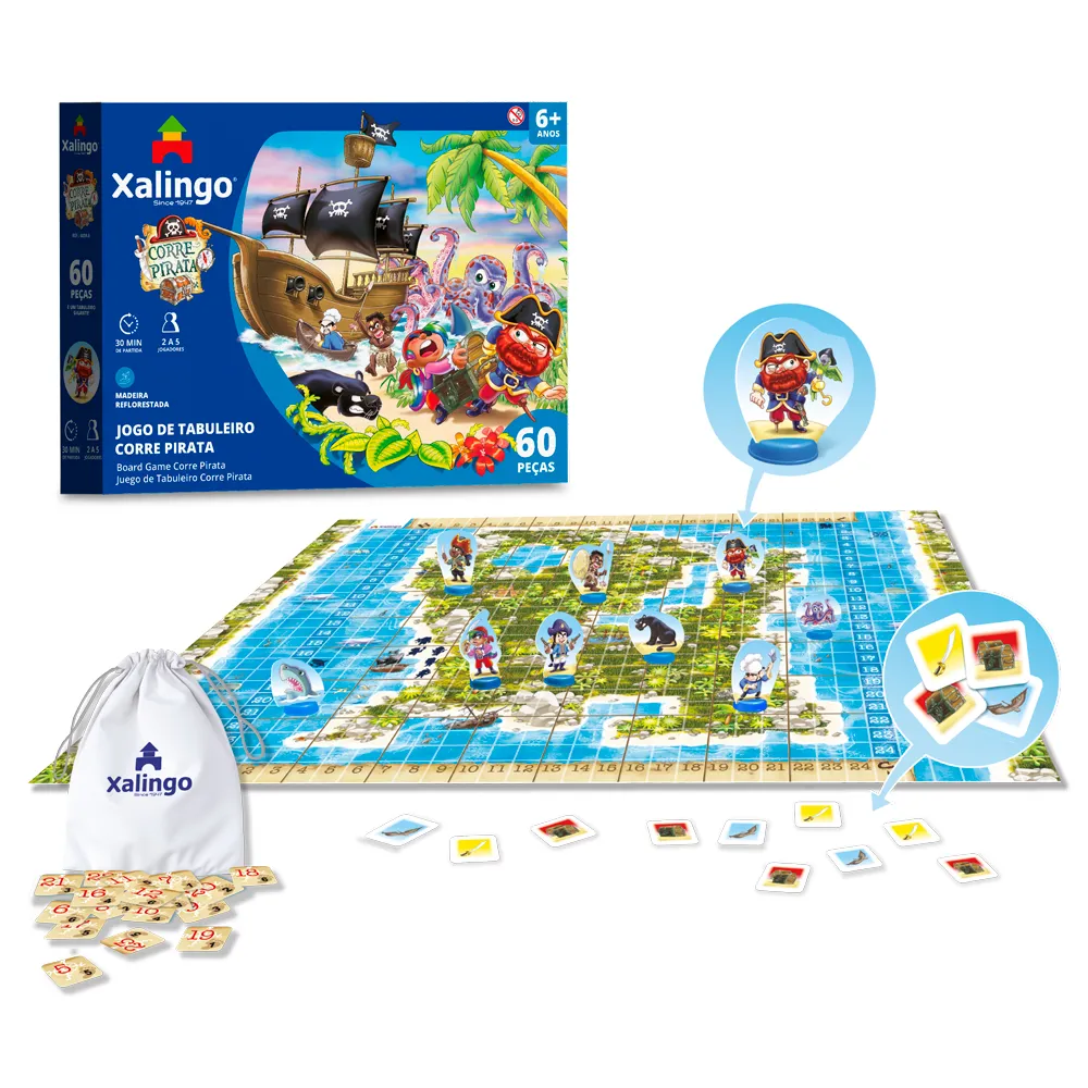 JOGO DE TABULEIRO CORRE PIRATA 60 PEÇAS - XALINGO