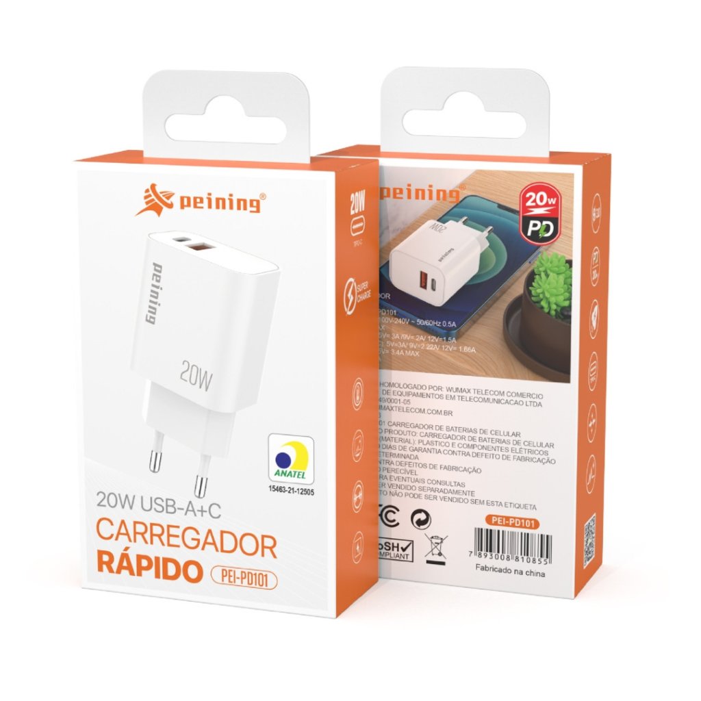 FONTE RÁPIDO DUAL USB-A+C 20W PEINING