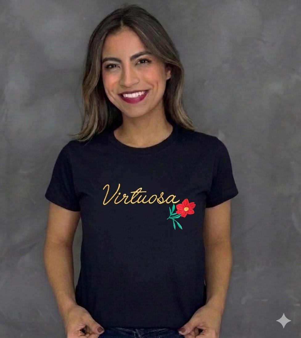 Tshirts bordada preta virtuosa 