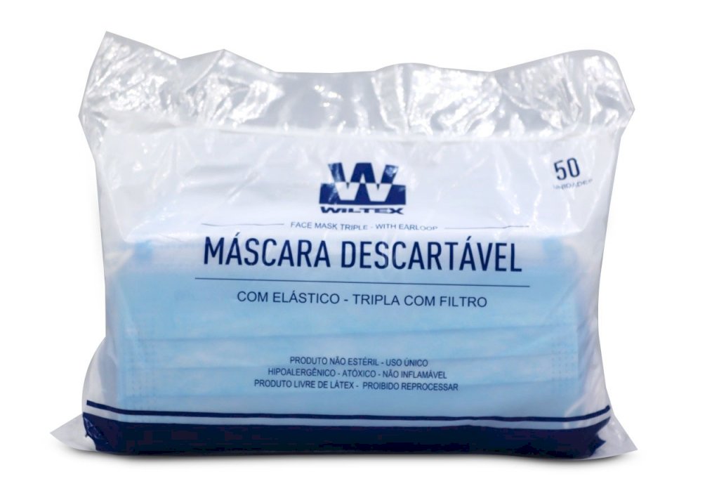 Máscara descartável tripla Wiltex (azul) - 50 Un