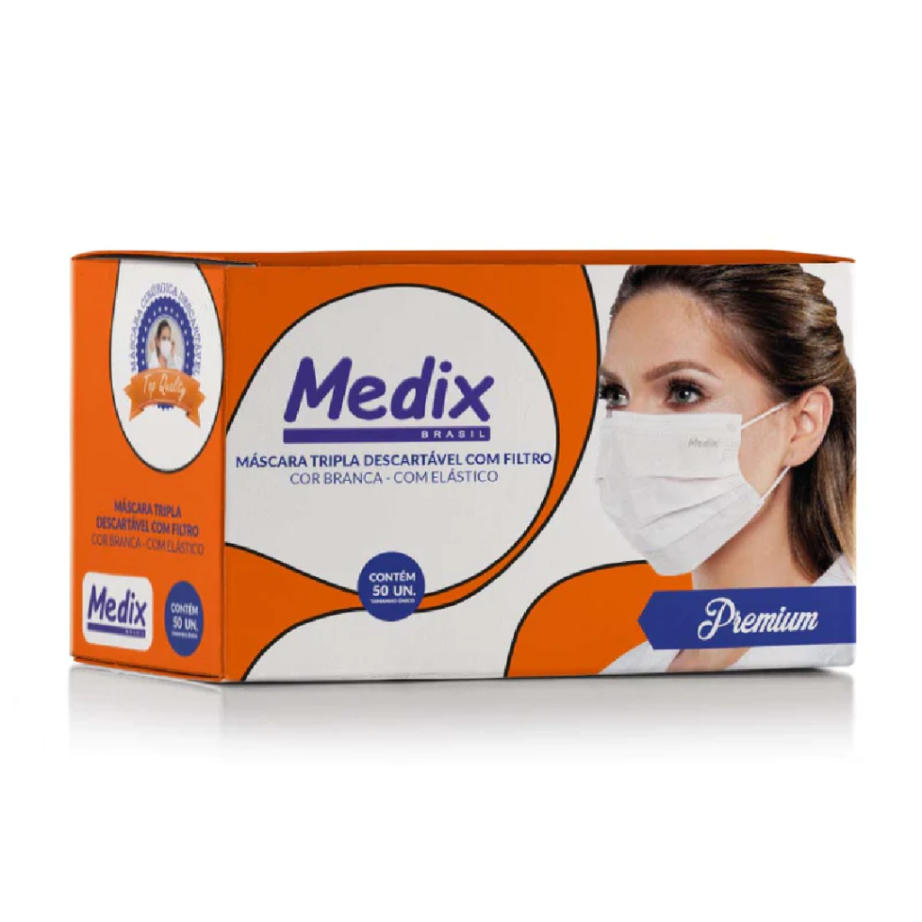 Máscara descartável tripla Medix (branca) - 50 Un