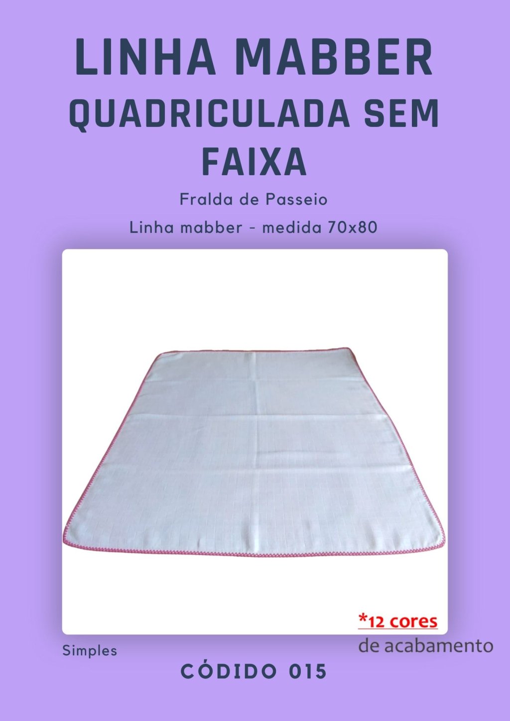 Fralda de Passeio 70x80 quadriculada sem faixa mabber 