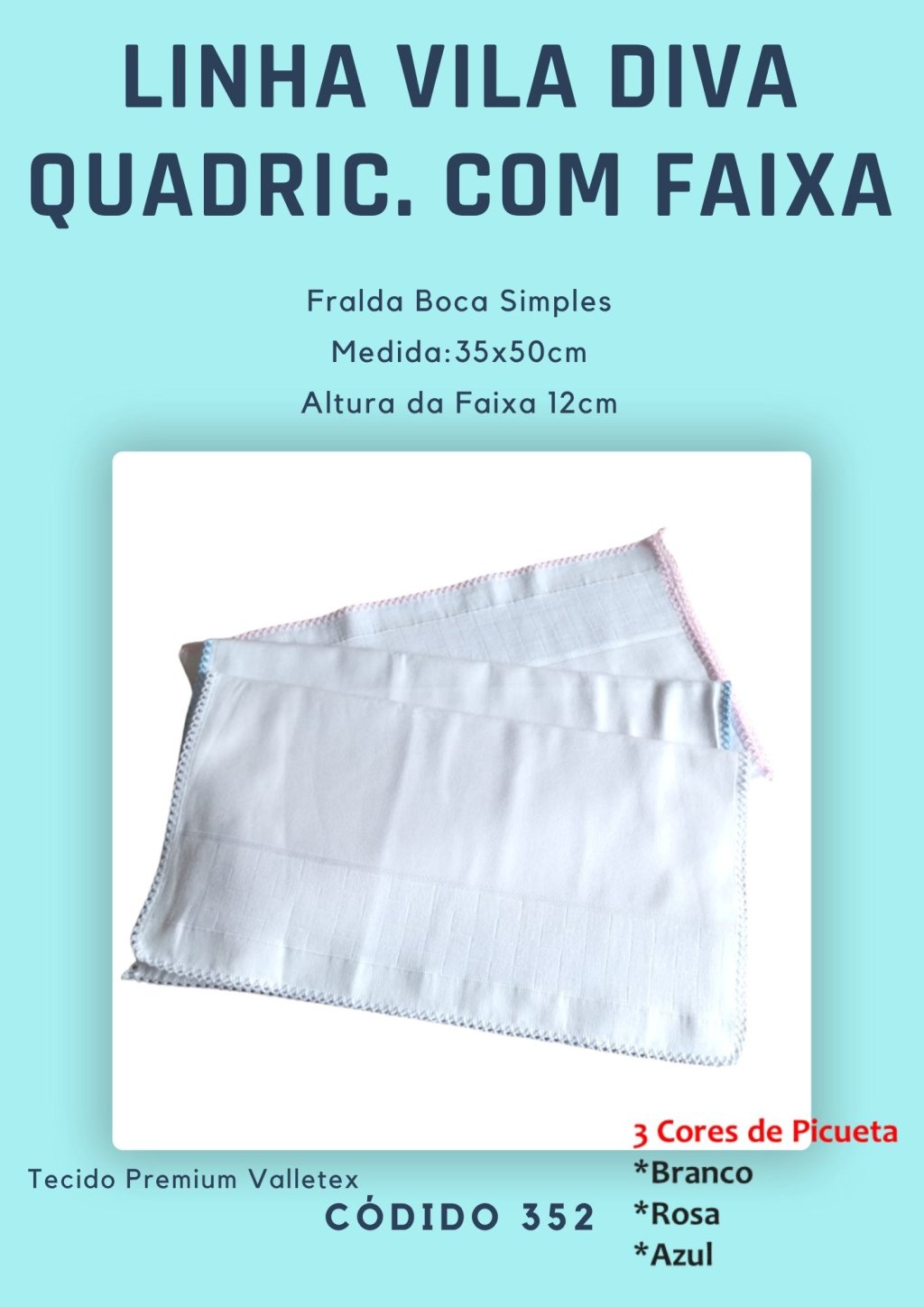 Fralda de Boca simples quadriculada com faixa Vila Diva 