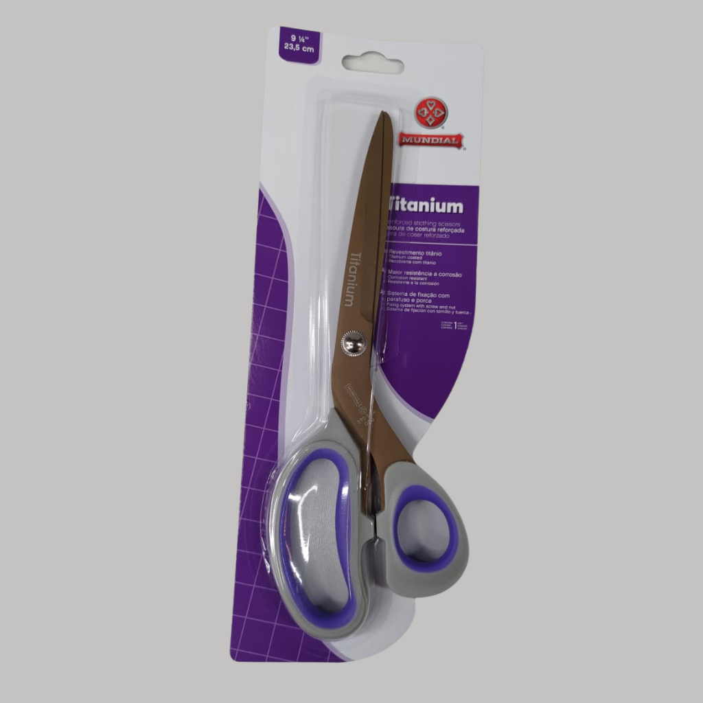 TESOURA MULTIUSO COSTURA REFORCADA FIO LISO CINZA E LILAS TITANIUM MUNDIAL 23,5CM 590-9.1/4