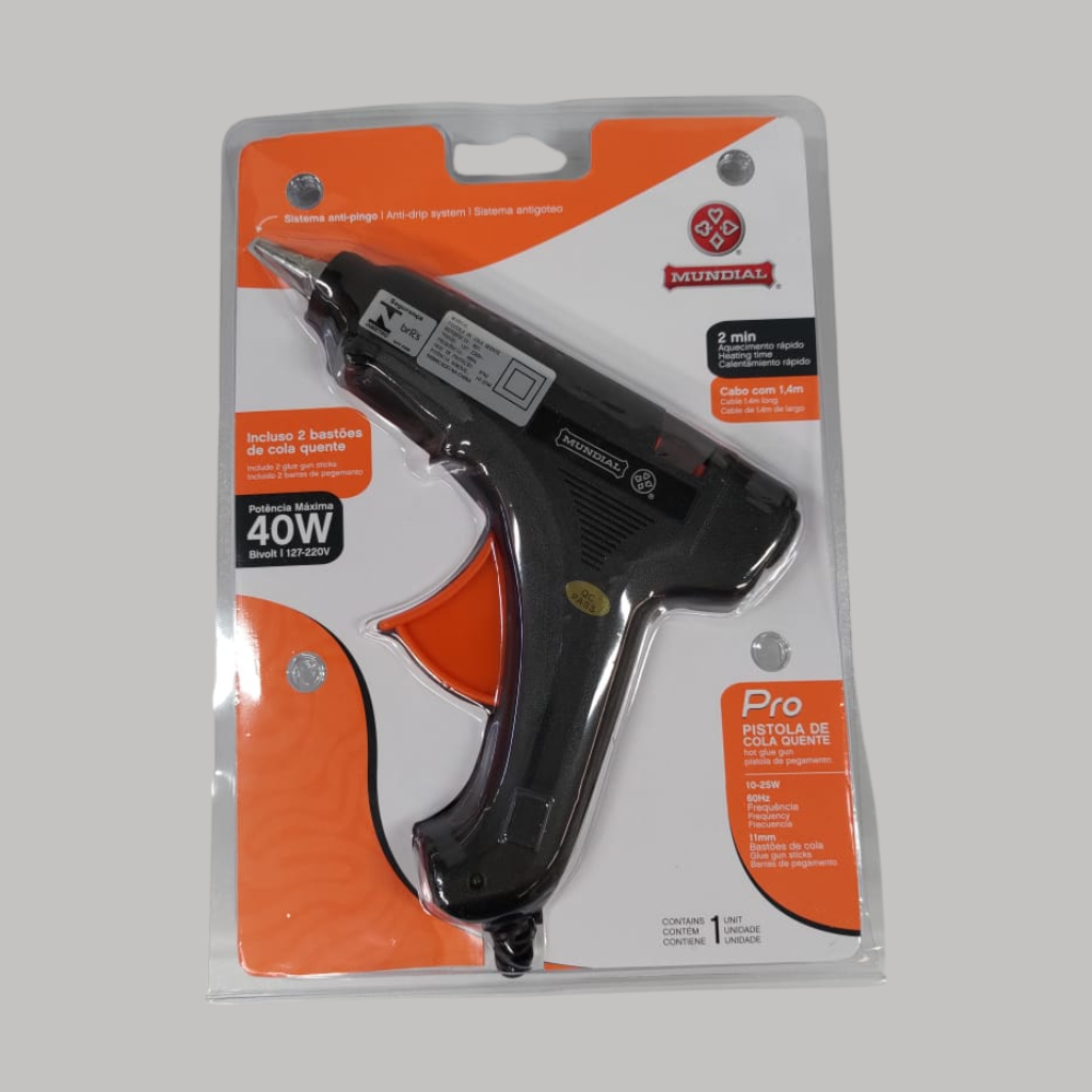PISTOLA PARA COLA QUENTE DE PLASTICO E ALUMINIO PRETO E LARANJA DIAM. 11MM/40W PROFISSIONAL MUNDIAL 951