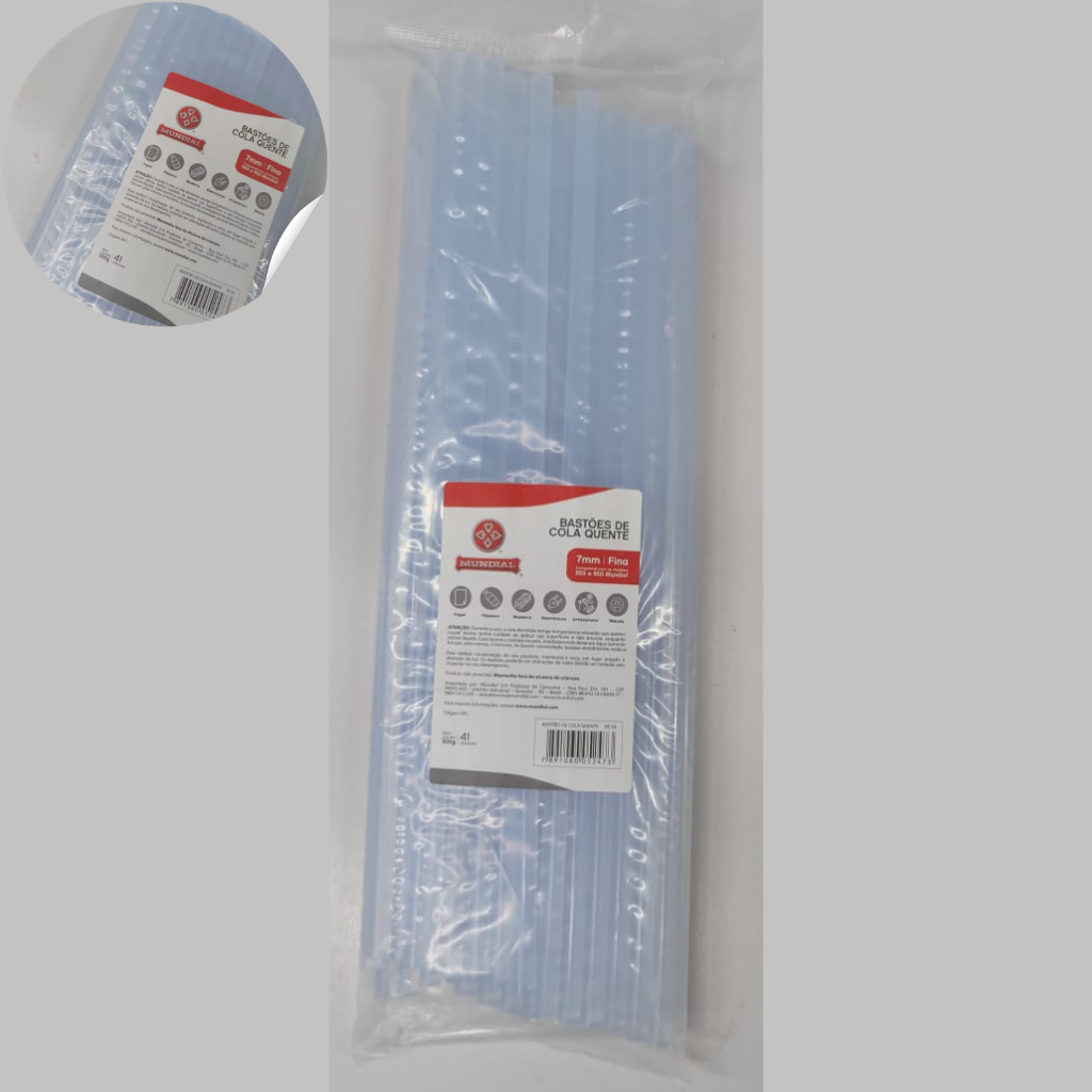 REFIL COLA QUENTE BASTAO TRANSPARENTE DIAM 7MM X 30CM SACO COM 41PC MUNDIAL RE50