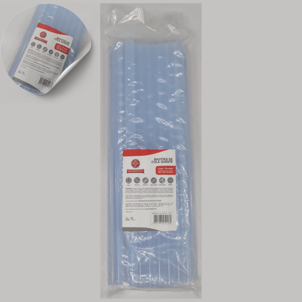 REFIL COLA QUENTE BASTAO TRANSPARENTE DIAM 11MM X 30CM SACO COM 18PC MUNDIAL RE51