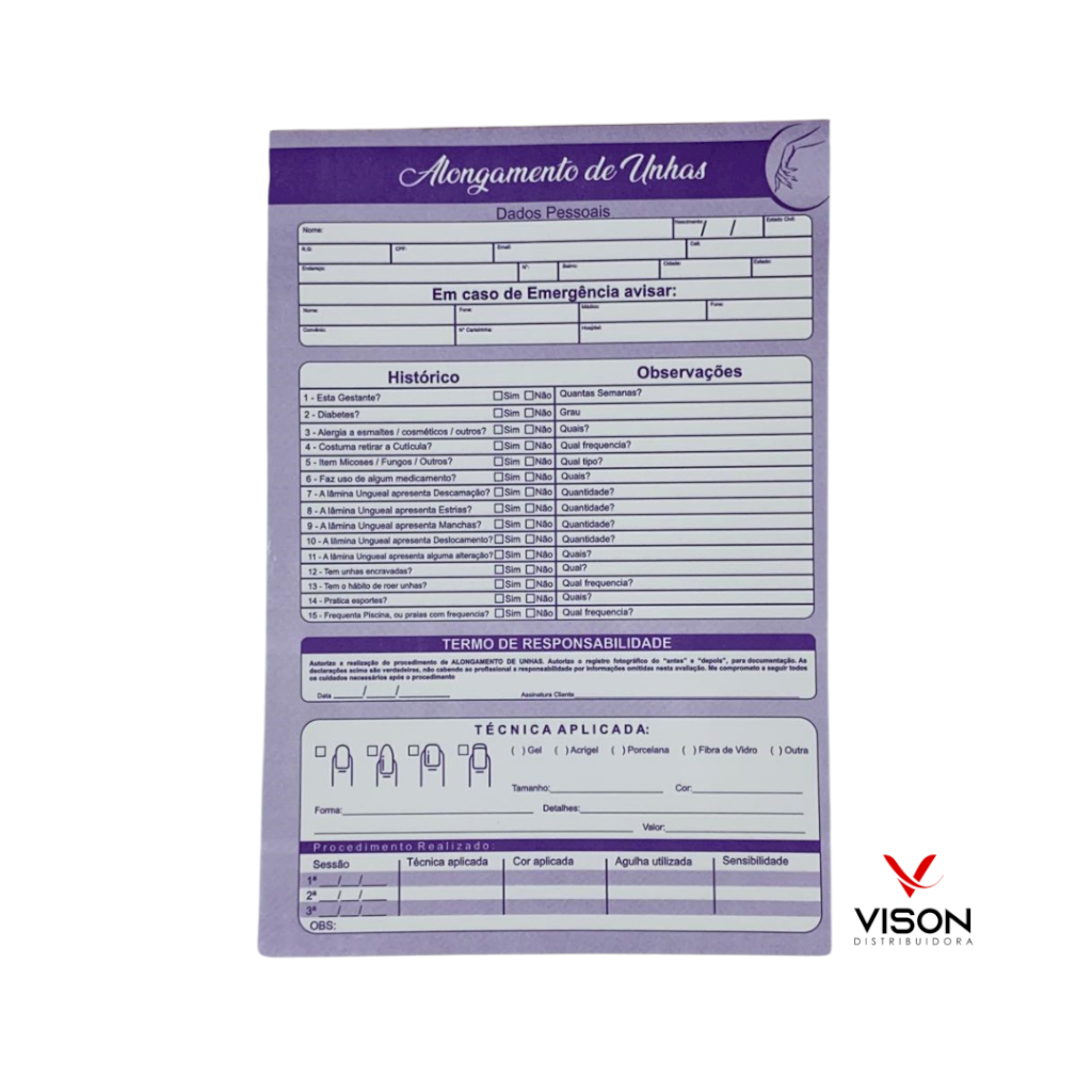 Ficha Anamnese para Alongamento de Unhas 100 Folhas
