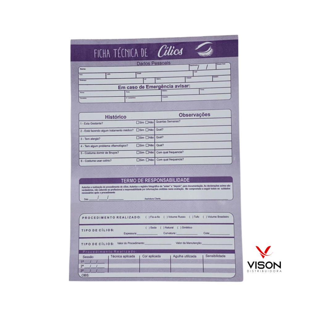 Ficha Anamnese para Extensão de Cílios 100 Folhas