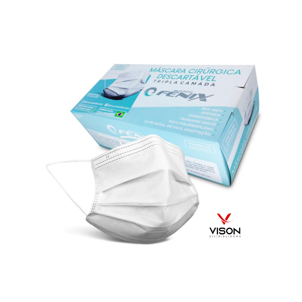 Máscara Facial Descartável Branca Tripla Fênix Cx. 50 Unidades