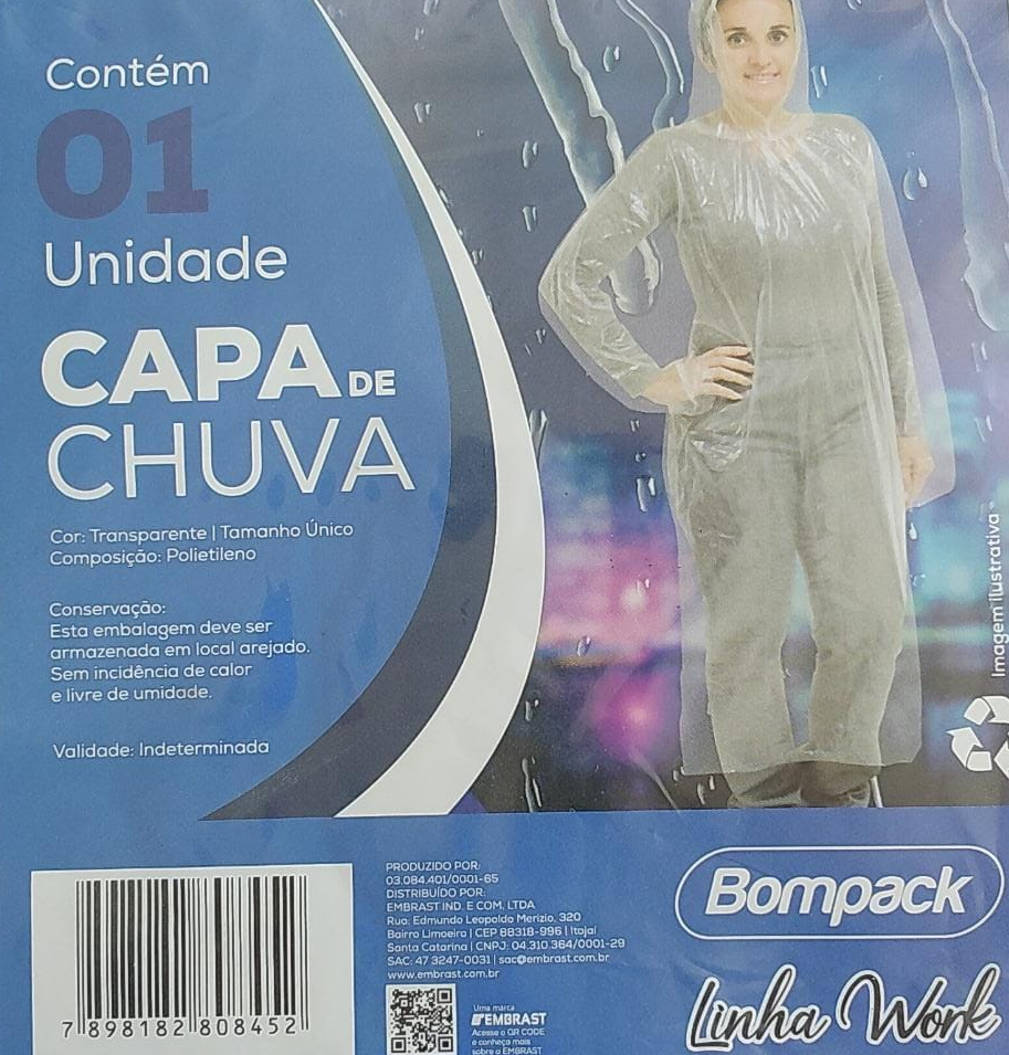 CAPA DE CHUVA TRANSPARENTE 1 UNIDADE