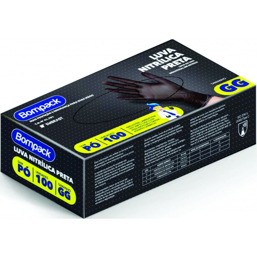 Luva nitrilica bom pack preta GG cx com 100UN