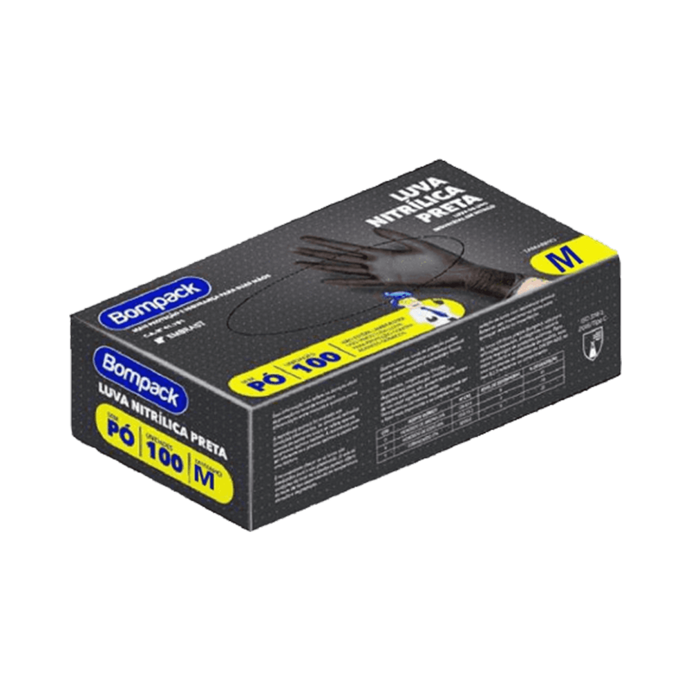 Luva nitrilica M bom pack preta cx com 100UN