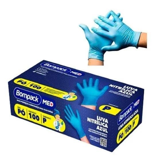 Luva nitrilica P azul Bom pack sem pó cx com 100UN