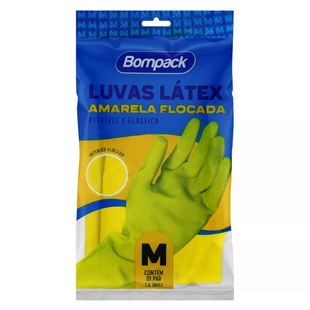 LUVAS LÁTEX AMARELA FLOCADA TAMANHO M 1 PAR BOMPACK
