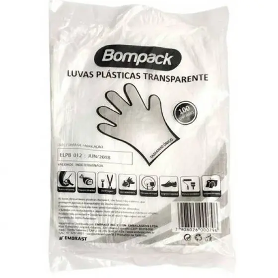 LUVAS PLÁSTICAS TRANSPARENTE 100 UNIDADES BOMPACK