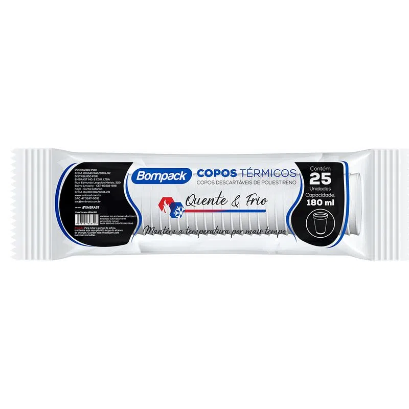 COPO TÉRMICO DESCARTÁVEL 180ML COM 25 UNIDADES BOMPACK
