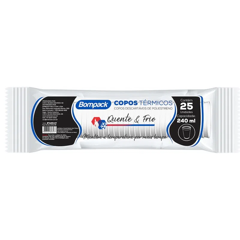 COPO TÉRMICO DESCARTÁVEL 240ML COM 25 UNIDADES BOMPACK