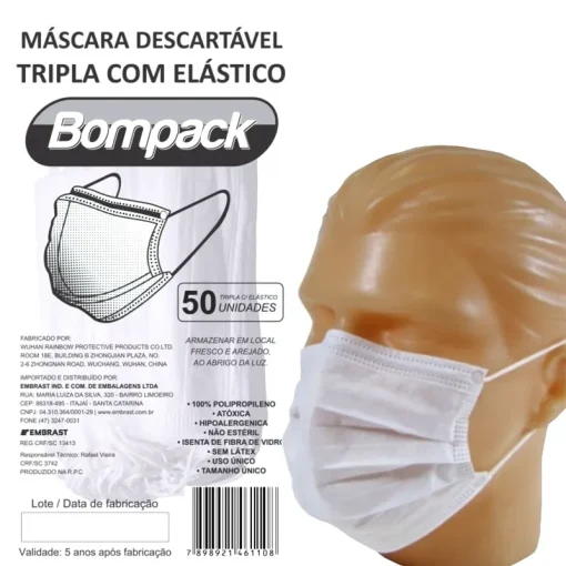 MÁSCARA DESCARTÁVEL TRIPLA COM ELÁSTICO 50 UNIDADES