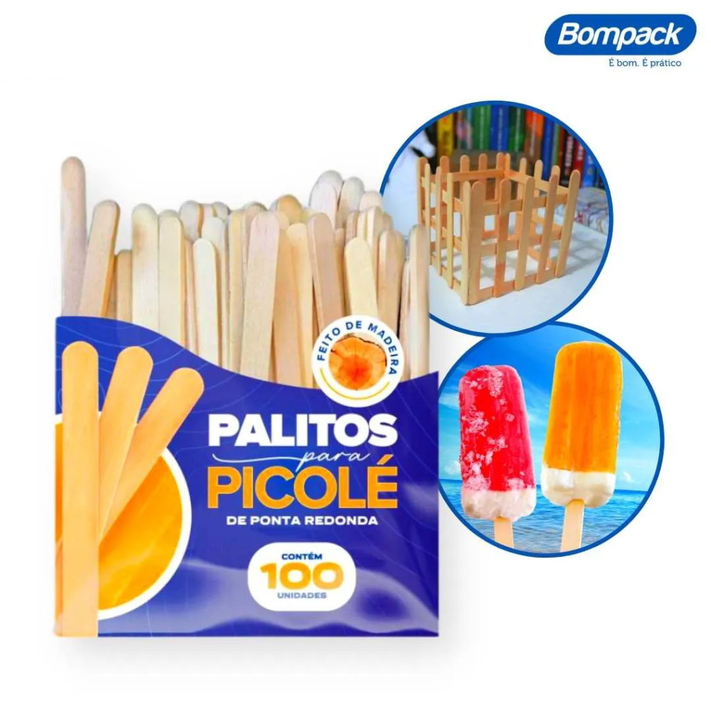 PALITO PARA PICOLÉ DE PONTA REDONDA COM 100 UNIDADES