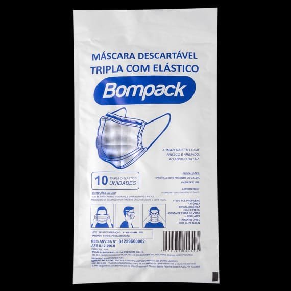 MASCARAS TRIPLA DESCARTAVEIS BOMPACK 10 UNIDADES