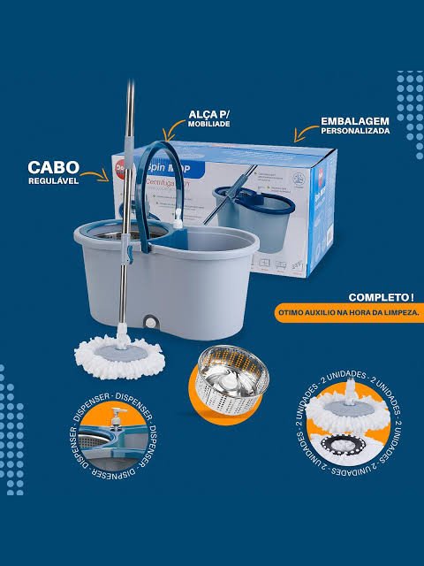 Balde mop 14L com cesto de inox e dispemser para produtos de limpeza 