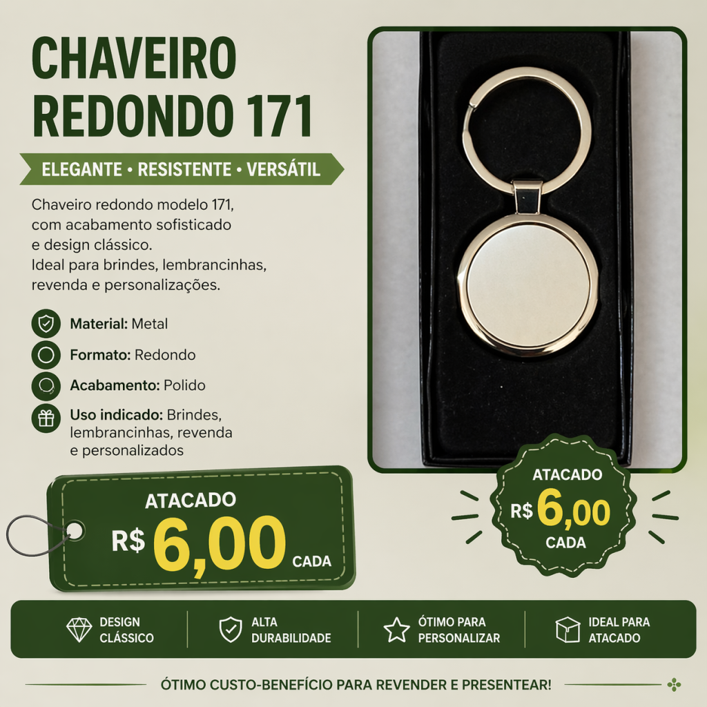 Chaveiro Redondo 171 Metal Atacado Brinde Personalizável