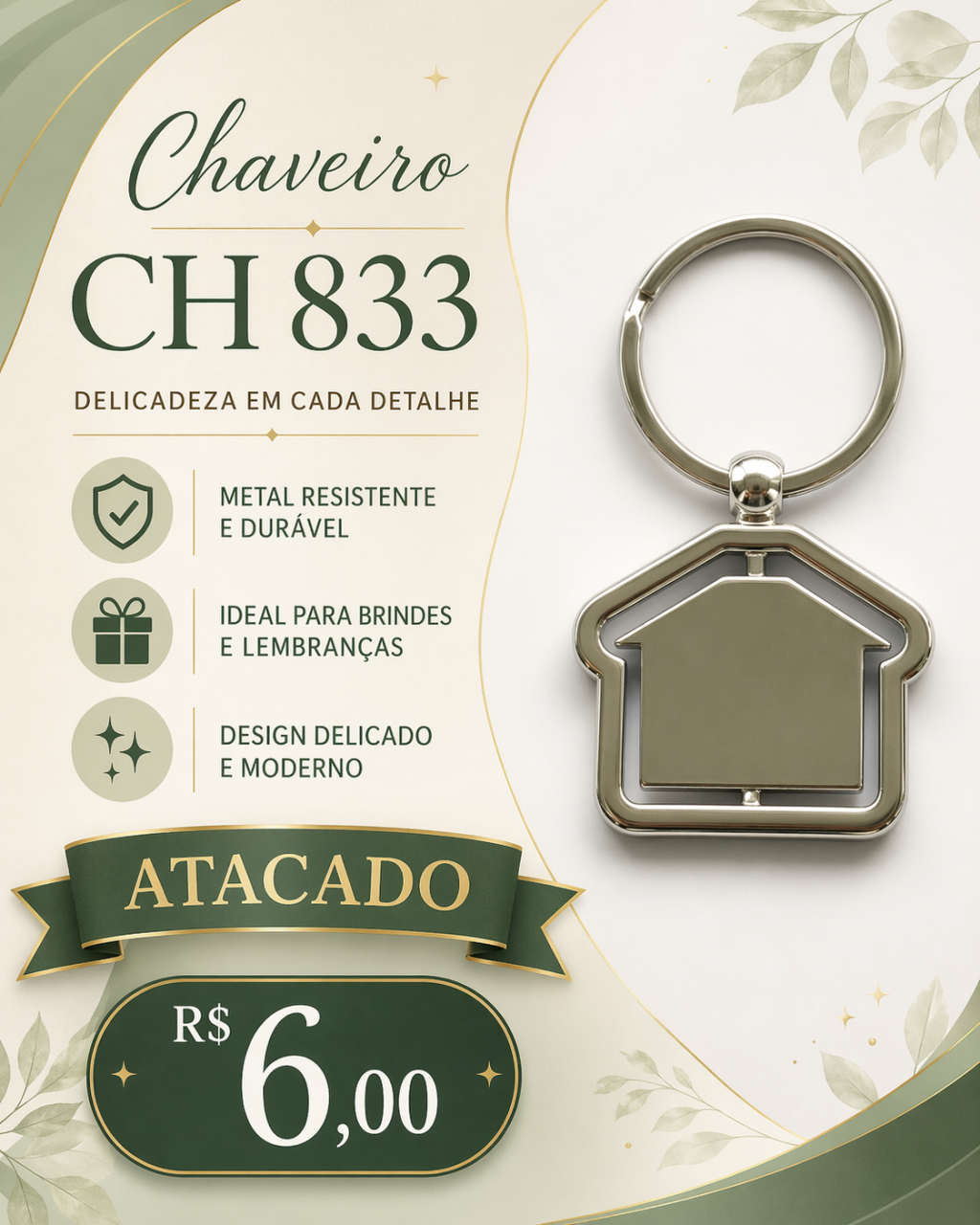Chaveiro CH 833 Metal Casa Para Brinde E Revenda