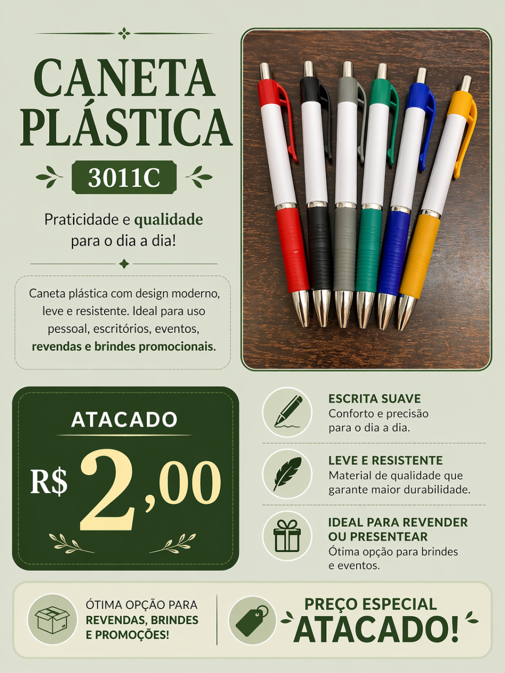 Caneta Plástica 3011C no Atacado por R$ 2,00