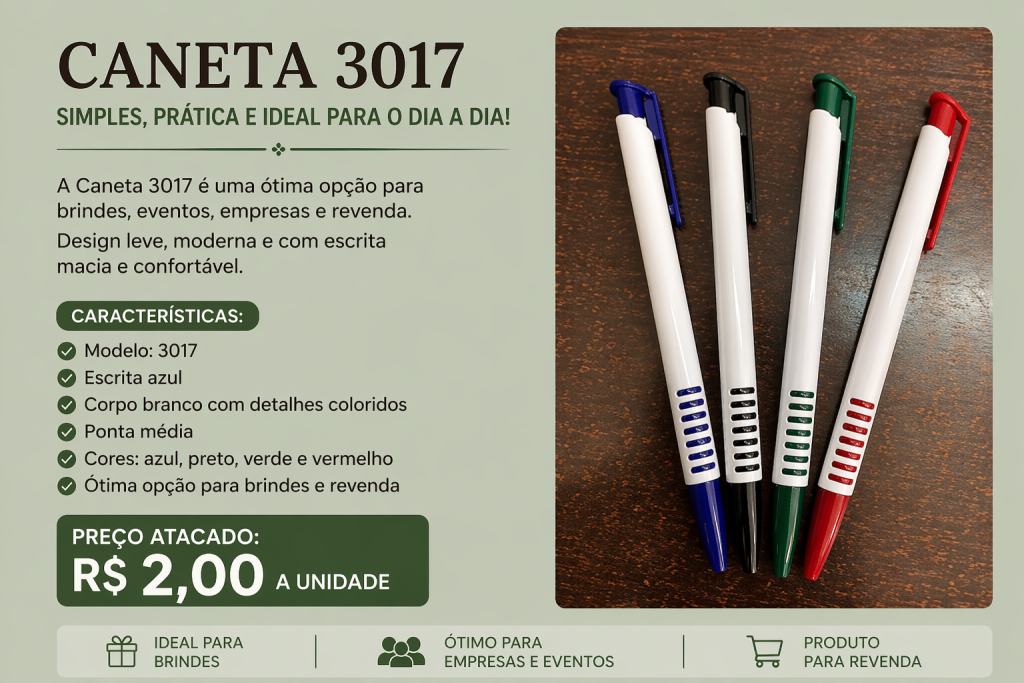 Caneta 3017 Branca Com Detalhe Colorido Atacado Brinde