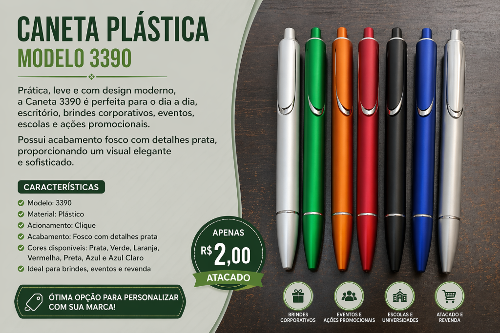 Caneta Plástica 3390 Para Personalizar Brindes Atacado