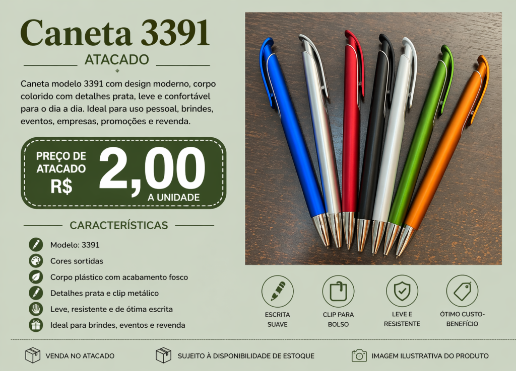 Caneta 3391 Colorida Atacado R$ 2,00