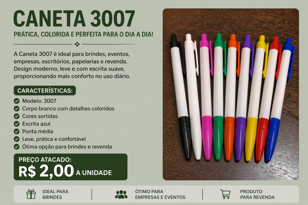 Caneta 3007 Branca Com Detalhe Colorido Atacado Brinde
