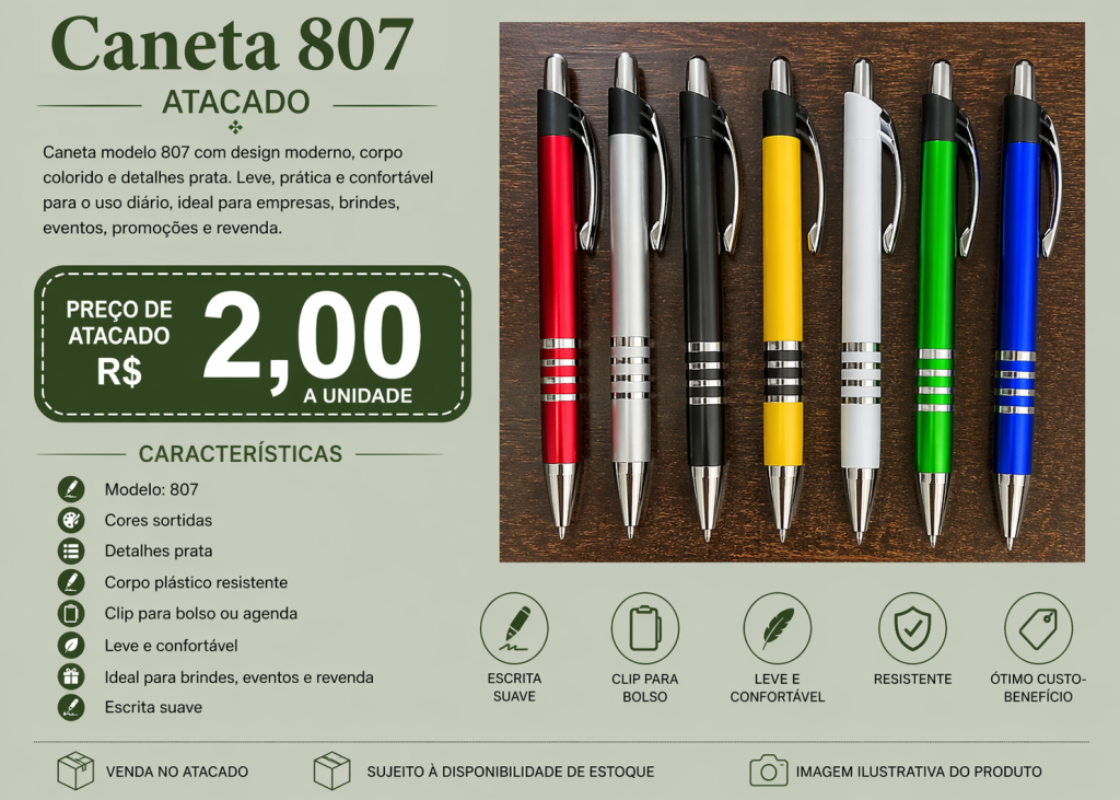 Caneta 807 Colorida Atacado R$ 2,00