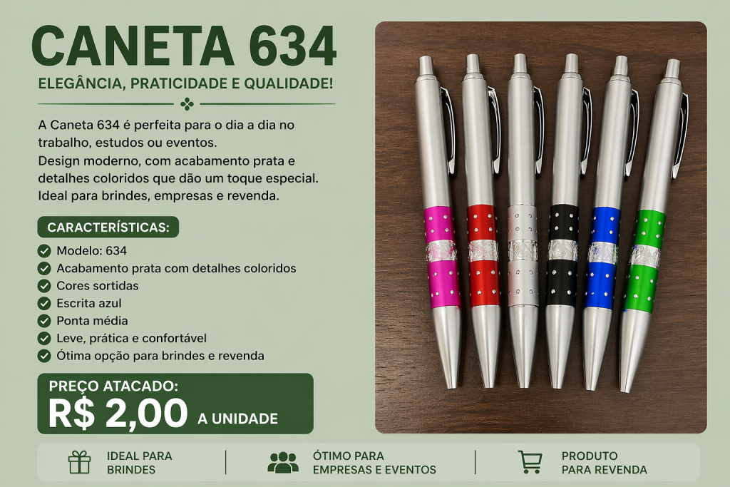 Caneta 634 Prata Com Detalhe Colorido Atacado Brinde
