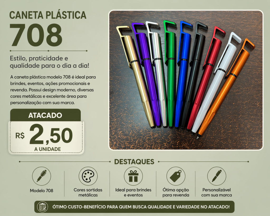 Caneta Plástica 708 Atacado R$2,50