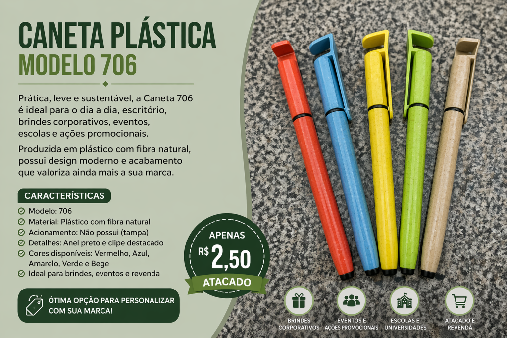 Caneta Plástica 706 Fibra Natural Para Brindes Atacado