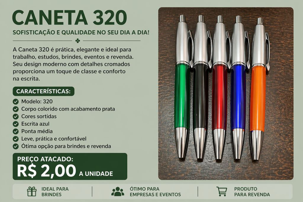 Caneta 320 Colorida Com Acabamento Prata Atacado Brinde